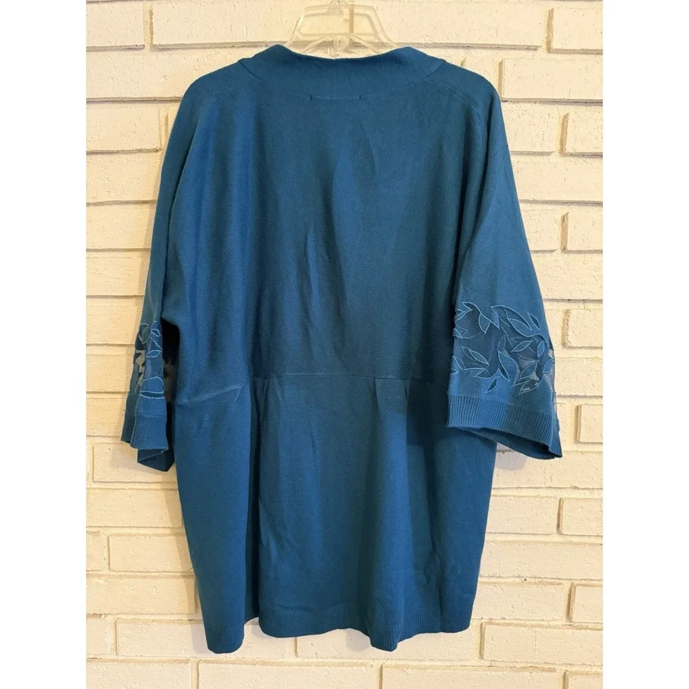 Susan Graver Women's Green Knit Laser Cut Cardigan Elbow Sleeves Size 1X